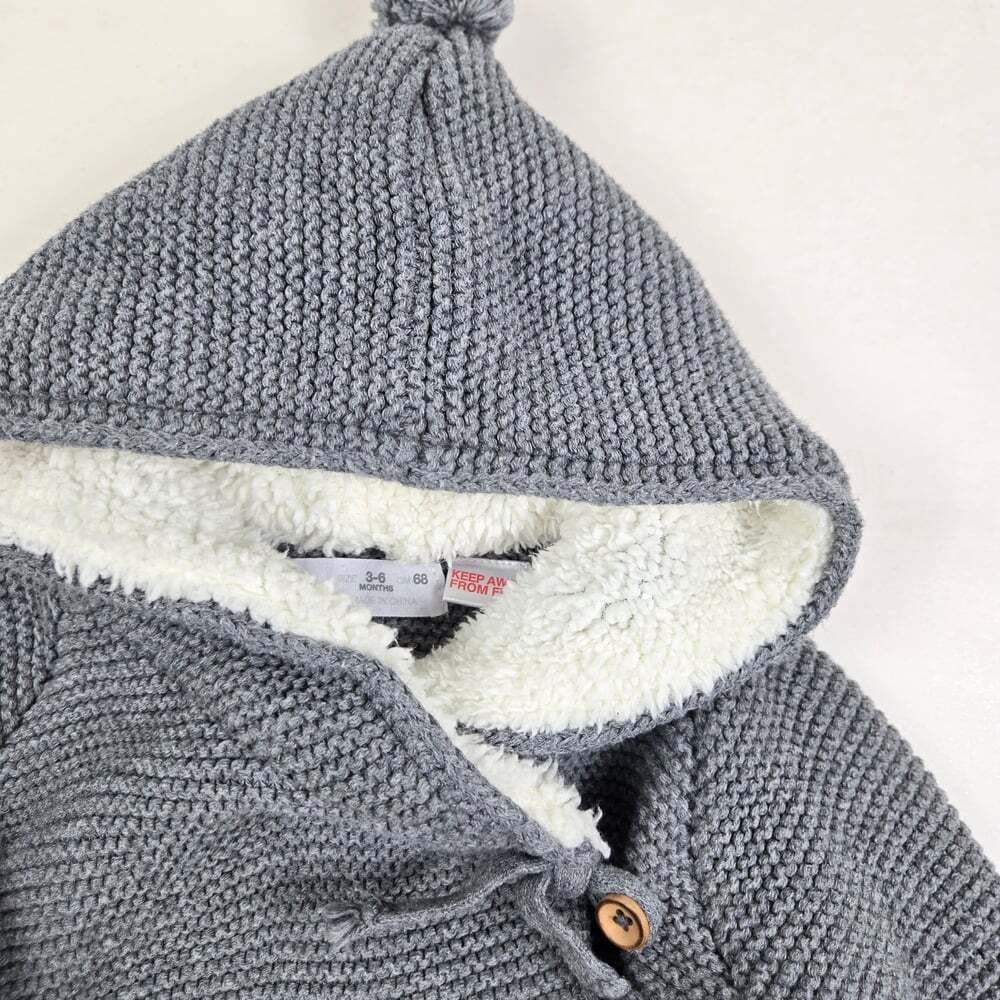 Zara Baby Sweater/Jacket 3-6 Months Gray Hooded Knit Sherpa Lining Inside Hood - Picture 2 of 5